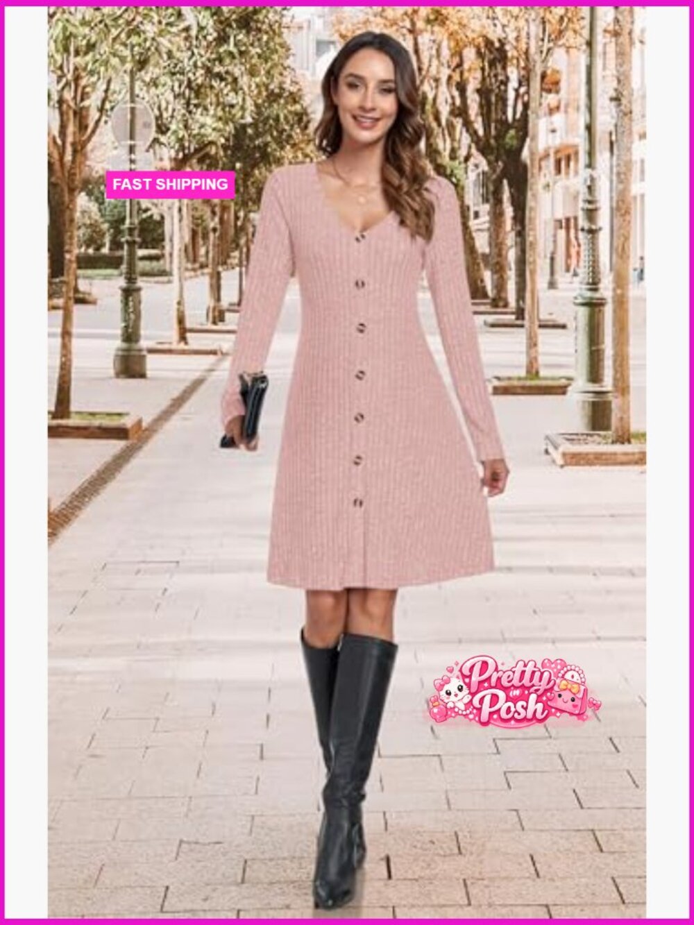 Long Sleeve Ribbed Knit Button Down V Neck Sweater Dress Casual Fall - Picture 5 of 7